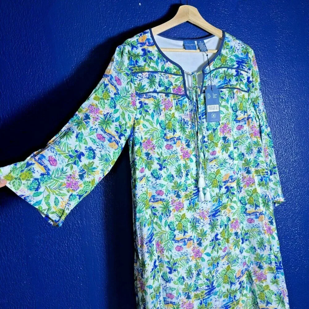 Caribbean Joe Size M Pink White Blue Print Aqua Dress lined Travel Casual nwt - Picture 14 of 14